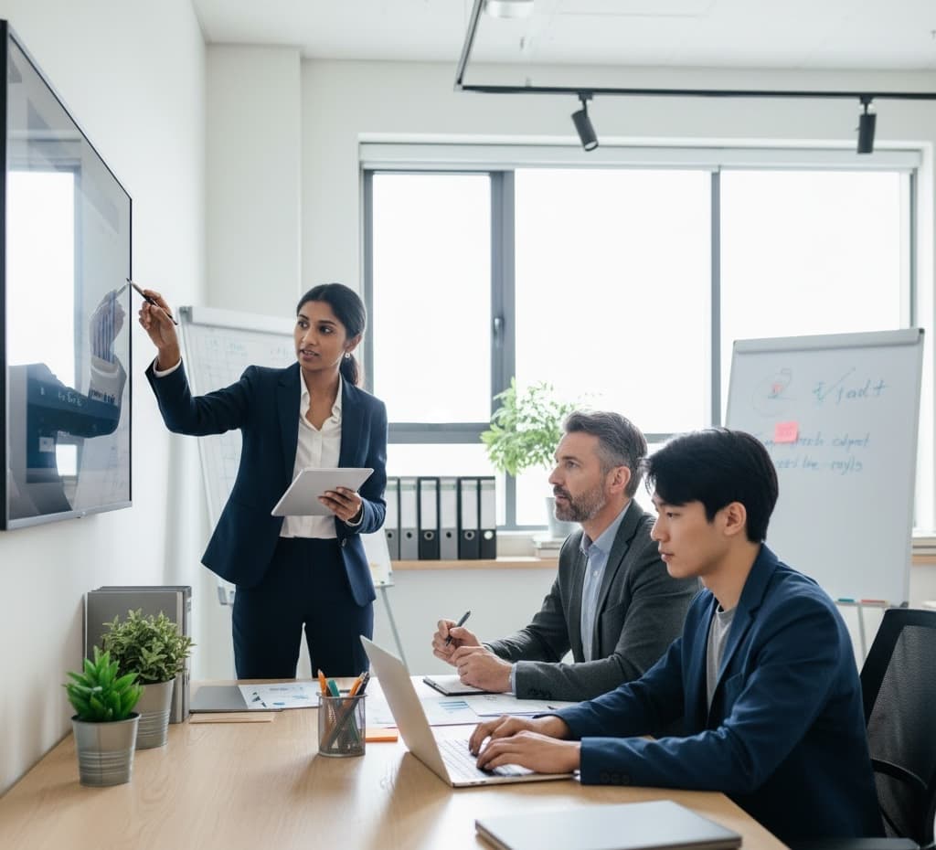 Business person explaining things to executives