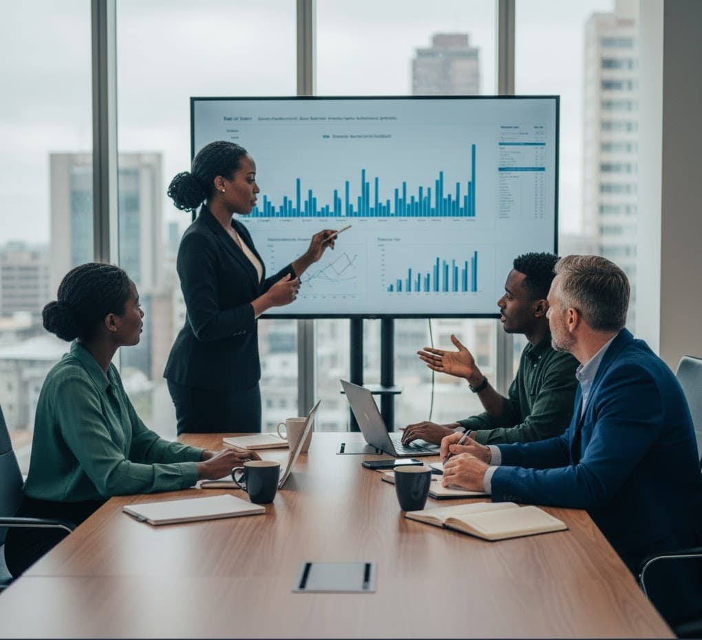 Woman working at laptop with floating icons representing administrative tasks